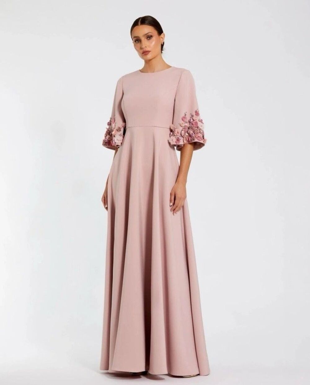 Mac Duggal 11854 Pink Crepe 3/4 Sleeve A-line Gown With Flower Trim Sz 12 NWT - Picture 2 of 14